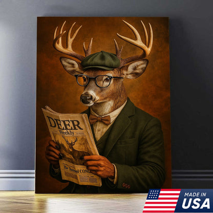 Funny Deer Gentleman Reading Newspaper Canvas – Rustic Hunting Lodge Wall Art