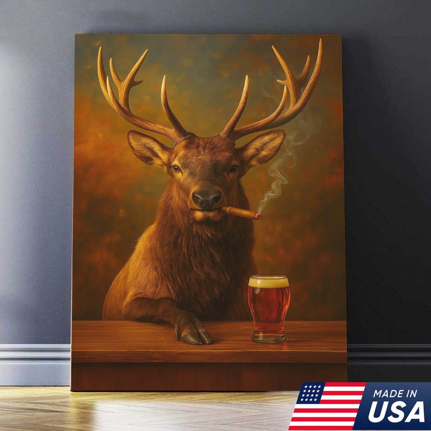 Funny Elk Drinking Cocktail Glasses & Smoking Canvas Wall Art - Rustic Hunting Perfect Gift for Hunters
