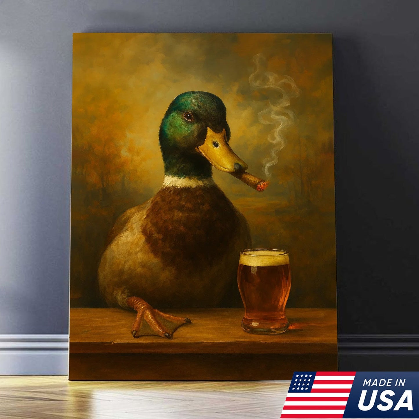 Funny Mallard Duck Smoking & Drinking Cocktail Glasses Canvas Wall Art - Rustic Hunting Perfect Gift for Hunters
