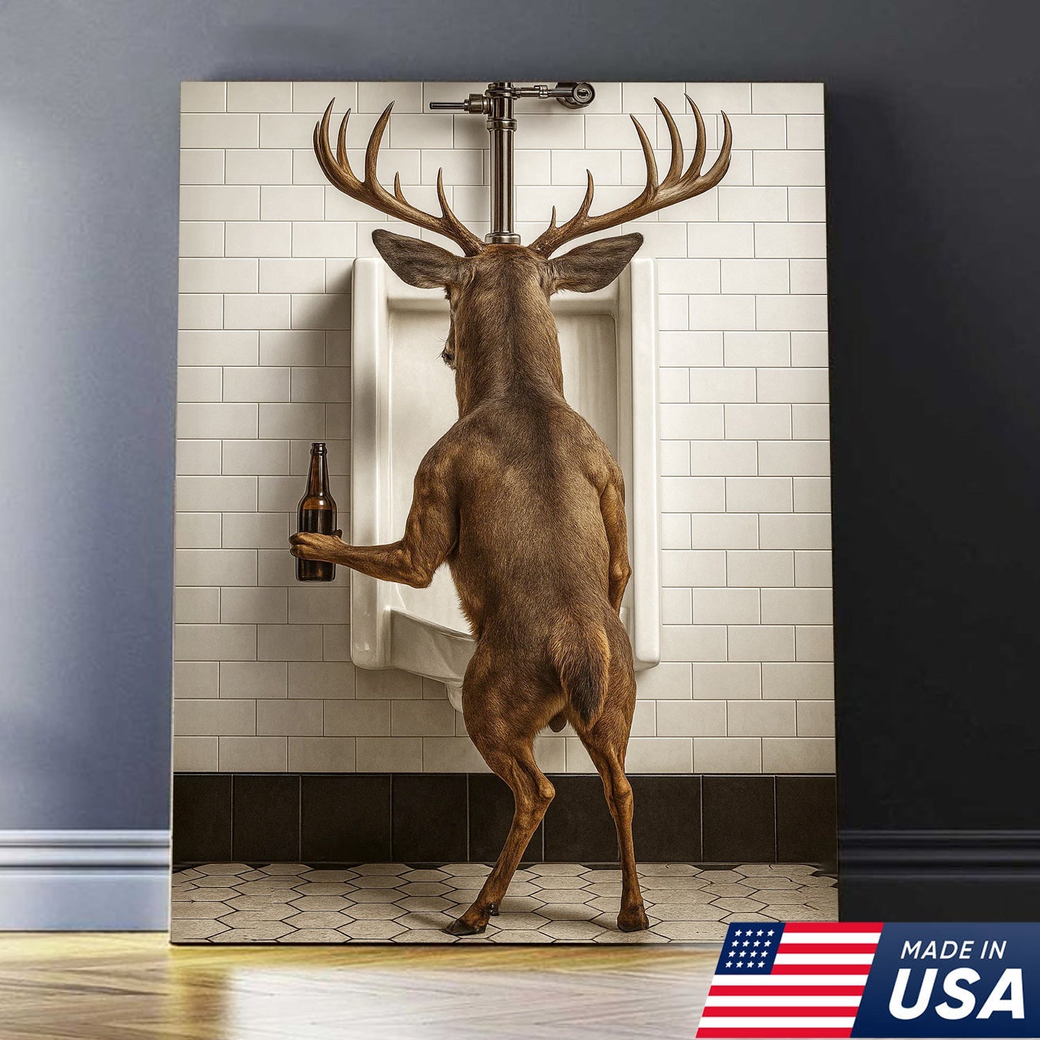 Deer Holding Beer and Standing at the Urinal Canvas – Hilarious Bathroom Wall Art