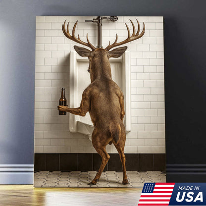 Deer Holding Beer and Standing at the Urinal Canvas – Hilarious Bathroom Wall Art