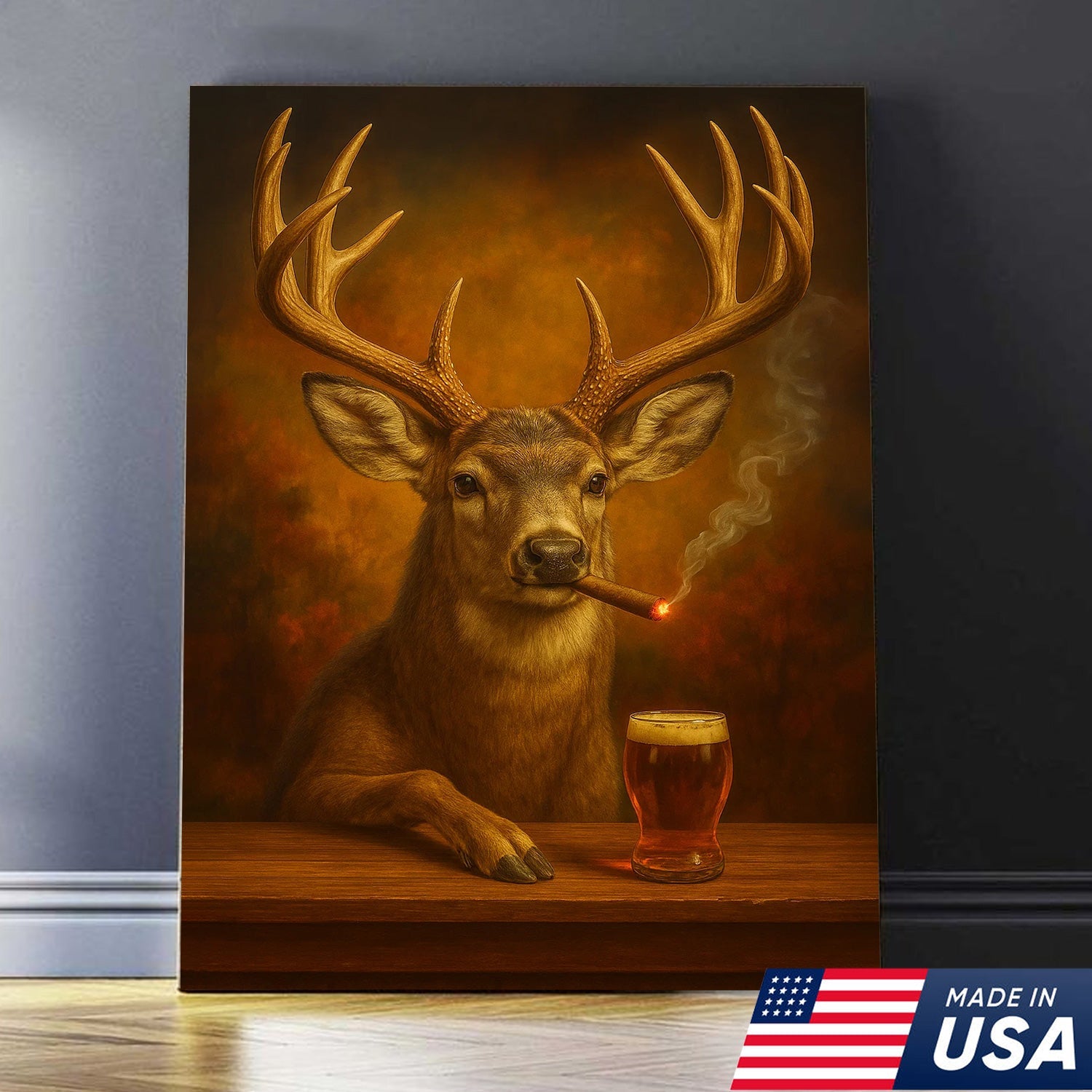 Muke Deer With Smoking & Cocktail Glasses Canvas – Funny Hunting Lodge Wall Art Perfect Gift for Hunters