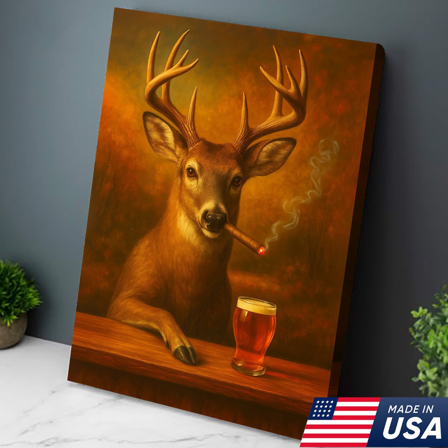Funny White-Tailed Deer Smoking and Drinking Cocktail Glasses Canvas - Humorous Man Cave Wall Art For Hunters