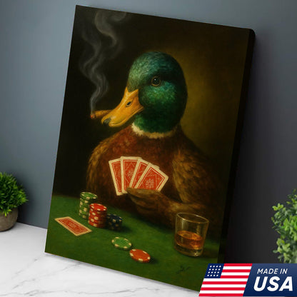 Funny Mallard Duck Canvas Wall Art, Rustic Poker Animal Portrait Playing Cards, Vintage Print