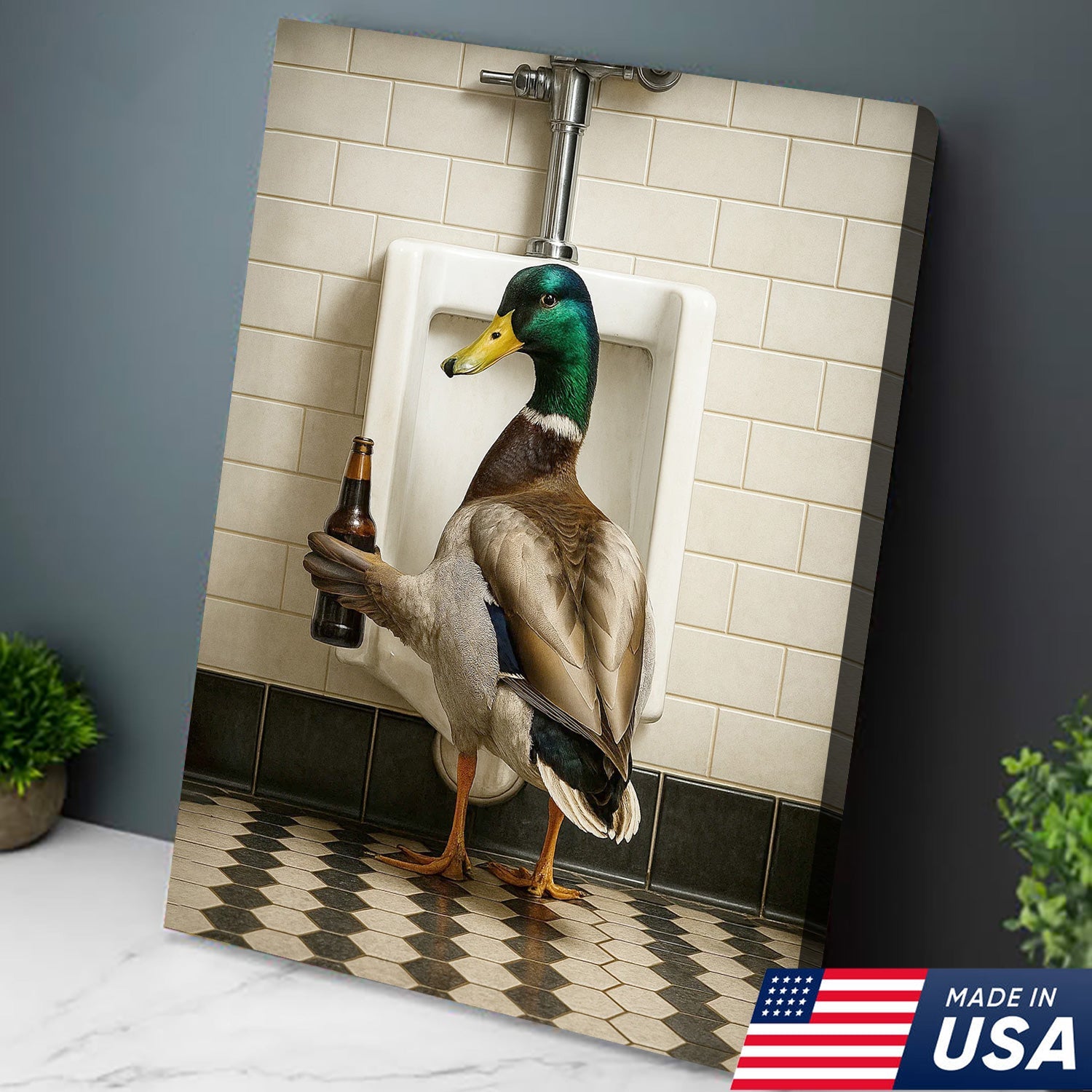 Funny Mallard Duck Holding Beer Bathroom Canvas – Duck at Urinal Wall Art, Rustic Cabin