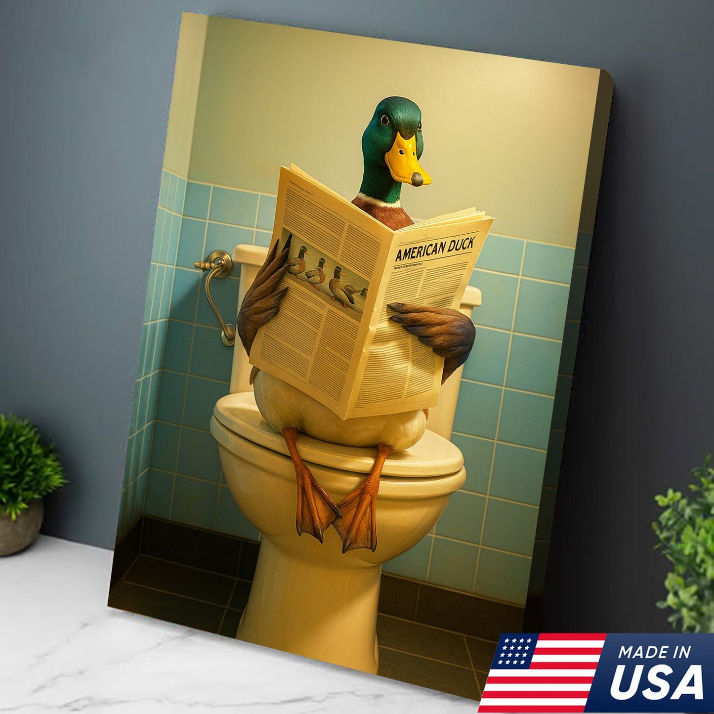 Funny Duck Bathroom Wall Art Canvas – Mallard Reading Newspaper Canvas Decor