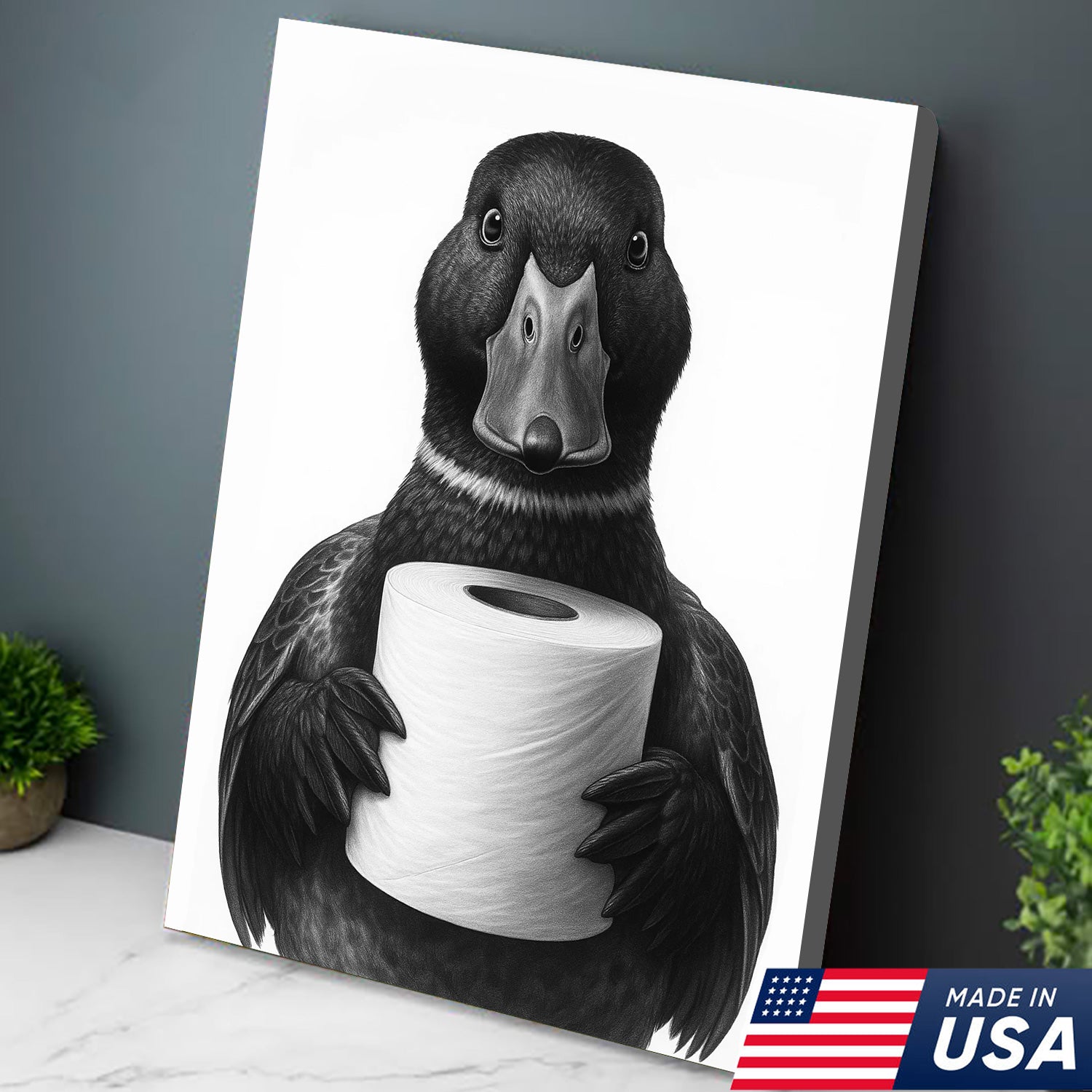 Mallard Duck Canvas Wall Art, Funny Animal Portrait Holding Toilet Paper, Bathroom Decor Print