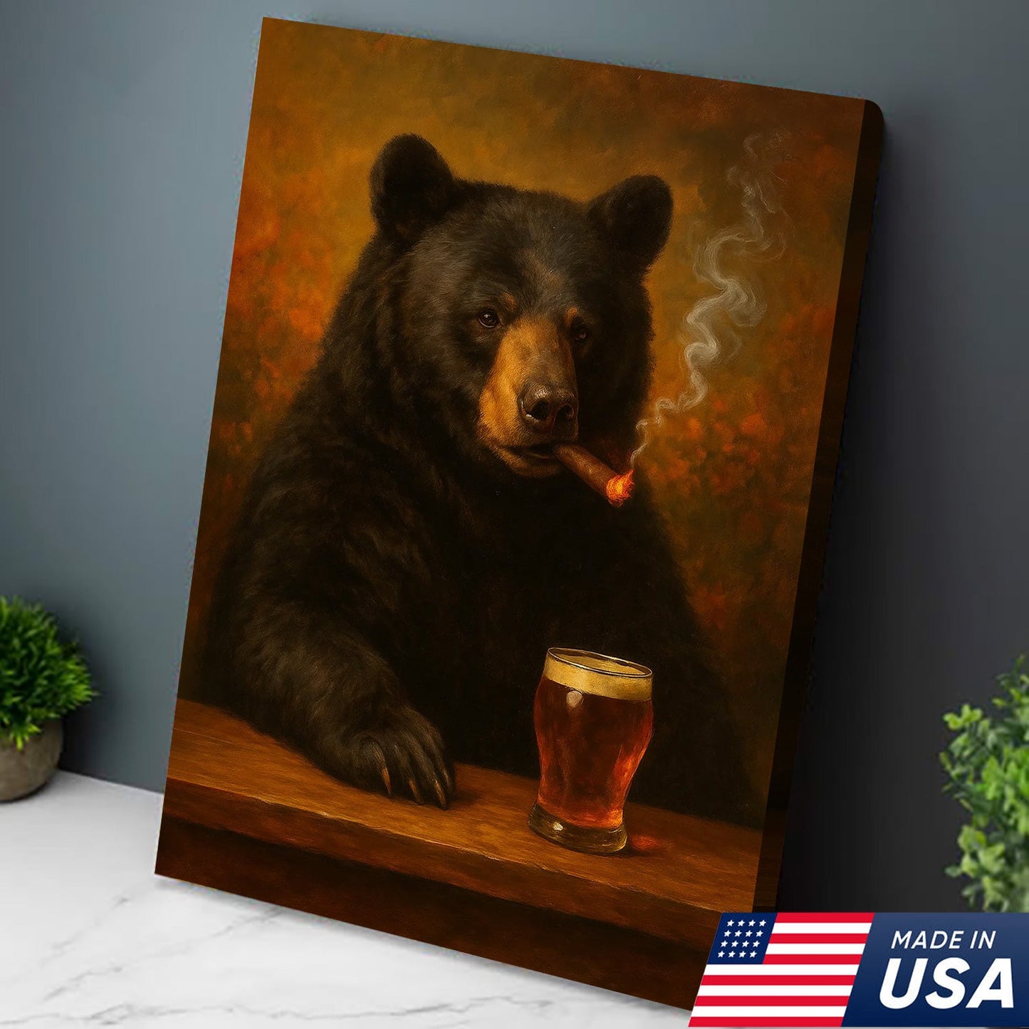 Funny Bear Drinking Cocktail Glasses & Smoking Canvas Wall Art - Rustic Bar