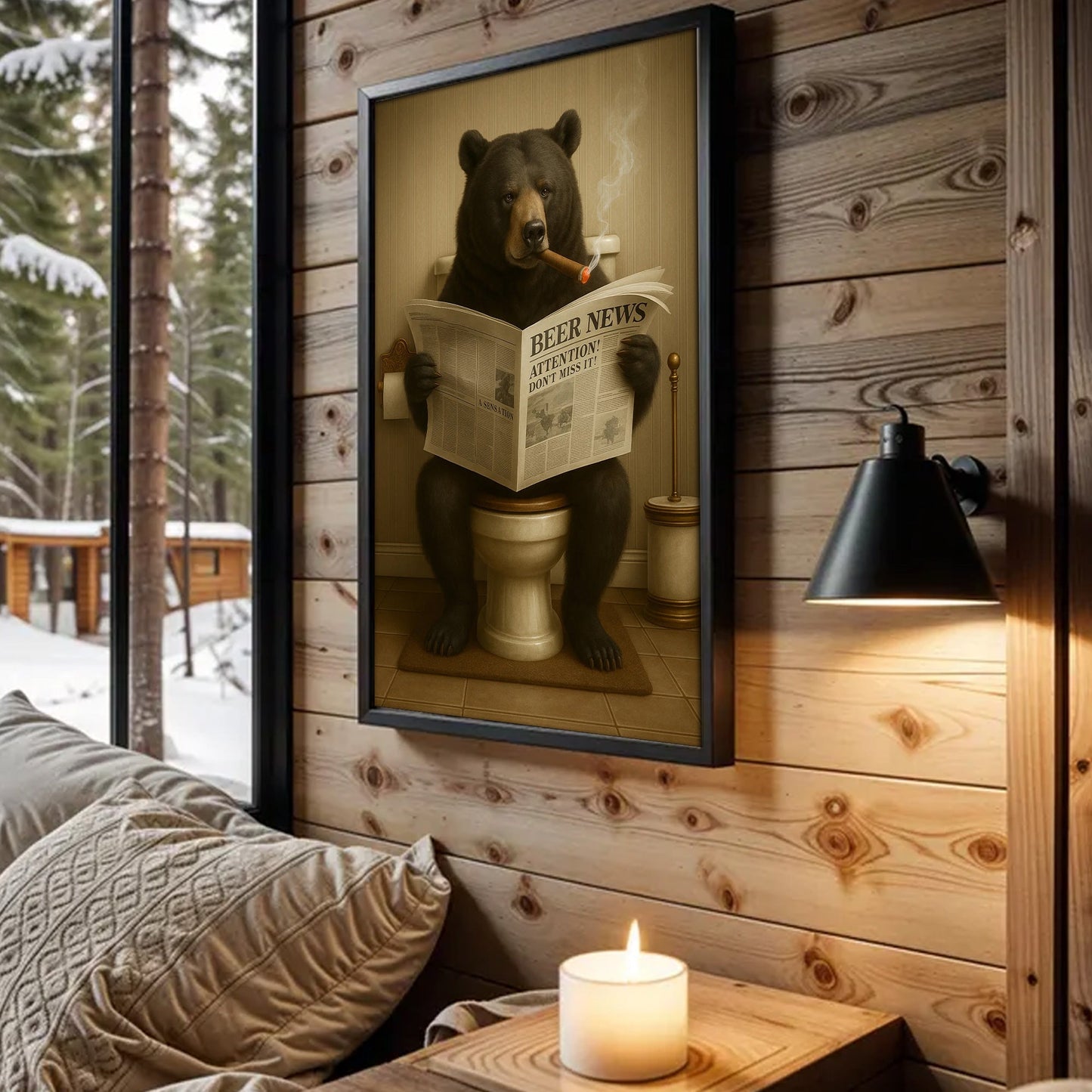 Funny Bear Newspaper Bathroom Canvas Wall Art – Wildlife Animal Poster - Unique Gift for Hunters