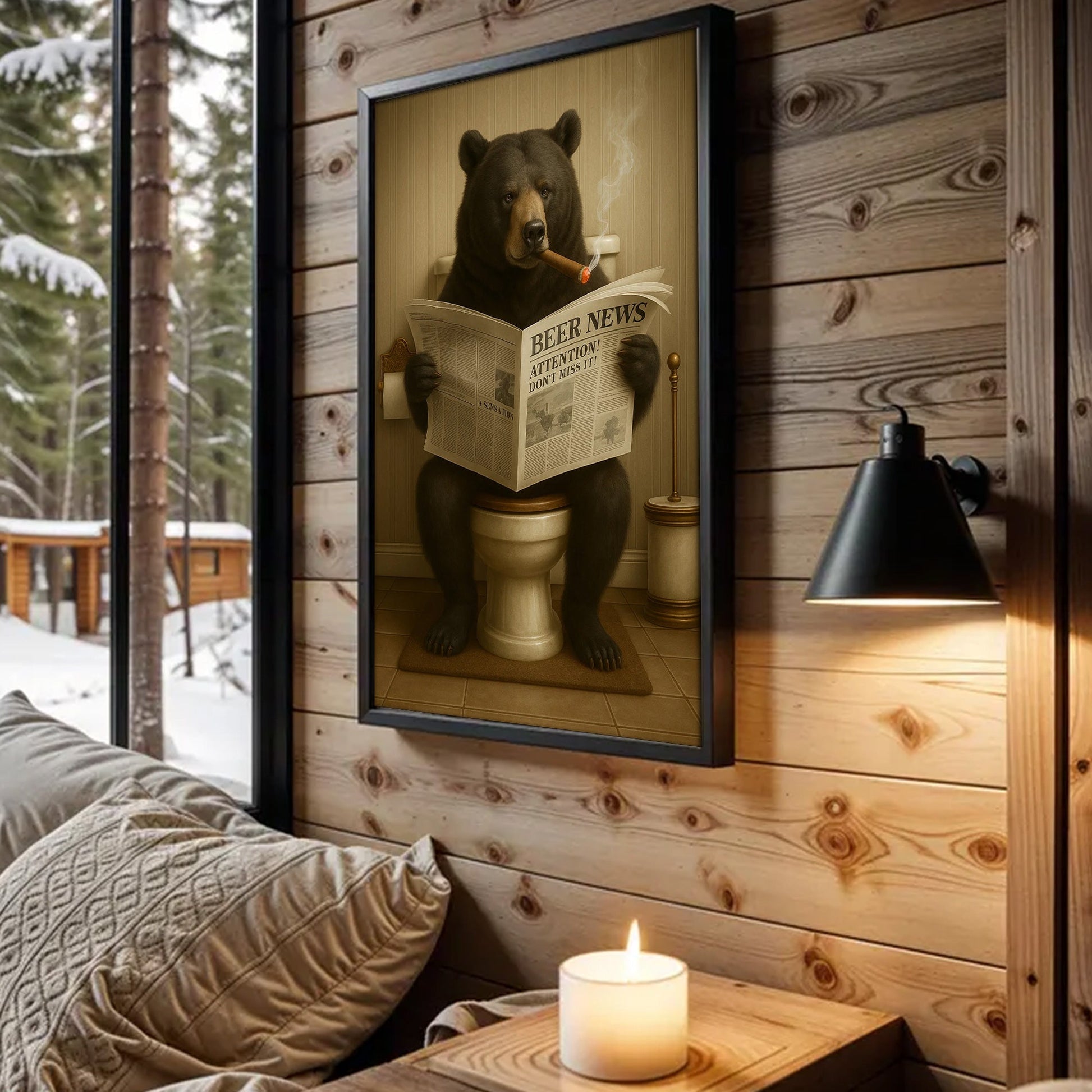 Funny Bear Newspaper Bathroom Canvas Wall Art – Wildlife Animal Poster - Unique Gift for Hunters