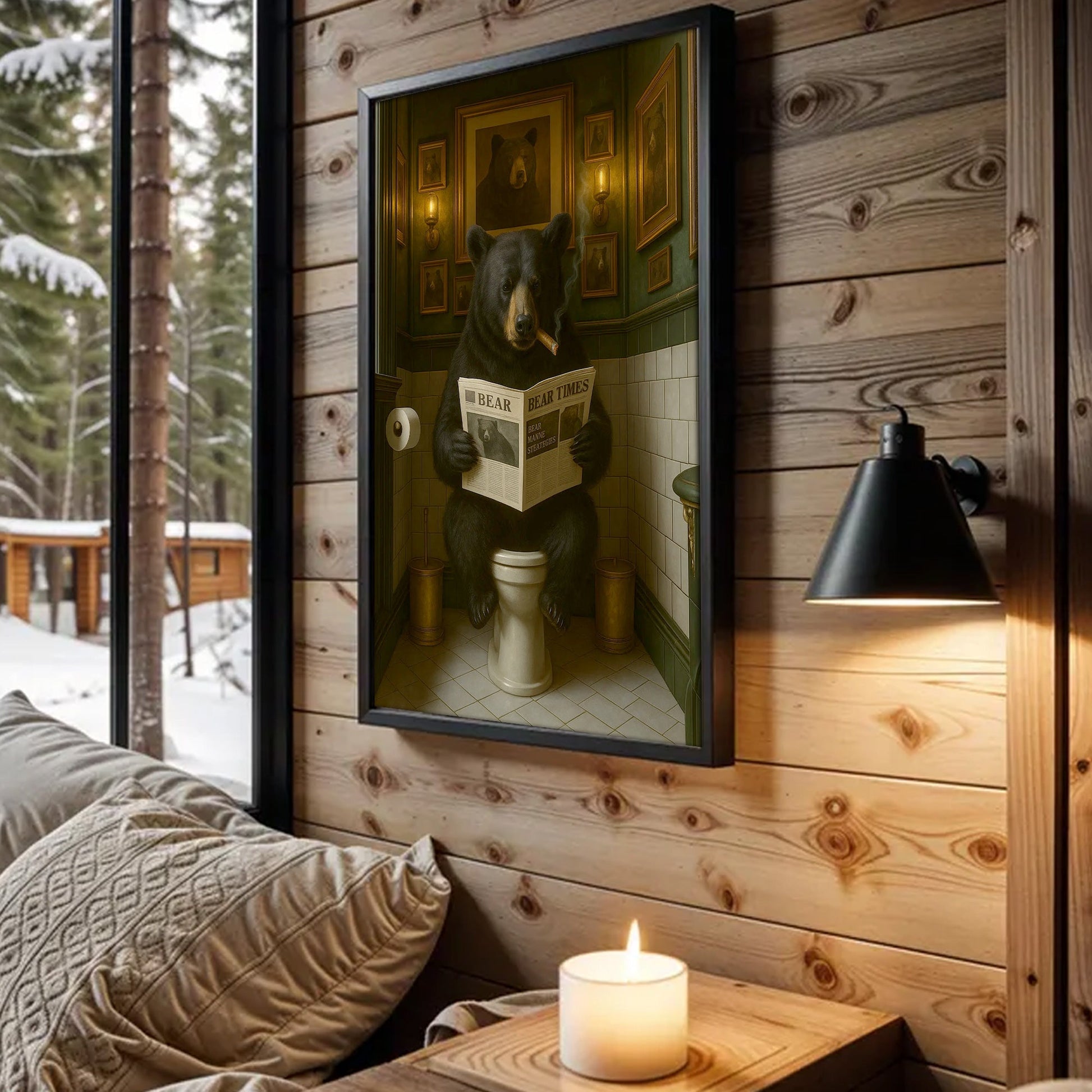Funny Bear Hunting Bathroom Canvas – Black Bear On Toilet Reading Newspaper