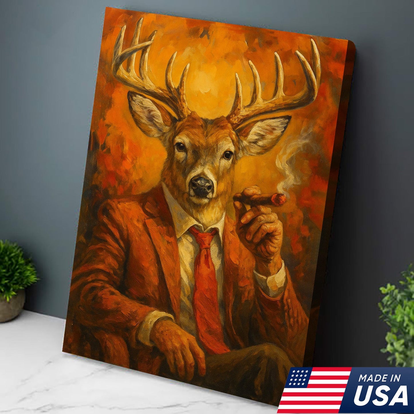 Deer Smoking Canvas, Buck Wall Art Print in Suit for Man Cave, Rustic Hunting Cabin