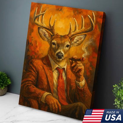 Deer Smoking Canvas, Buck Wall Art Print in Suit for Man Cave, Rustic Hunting Cabin