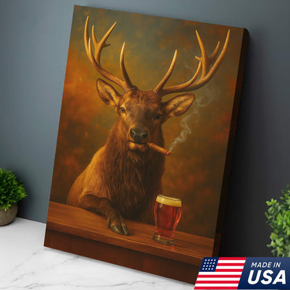 Funny Elk Drinking Cocktail Glasses & Smoking Canvas Wall Art - Rustic Hunting Perfect Gift for Hunters