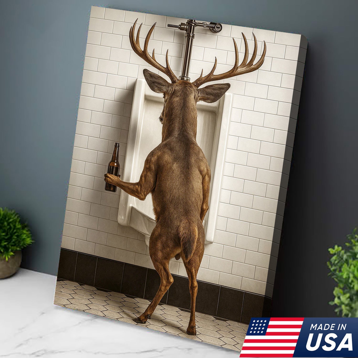 Deer Holding Beer and Standing at the Urinal Canvas – Hilarious Bathroom Wall Art