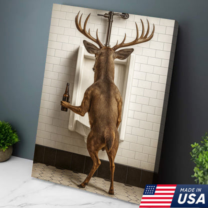 Deer Holding Beer and Standing at the Urinal Canvas – Hilarious Bathroom Wall Art