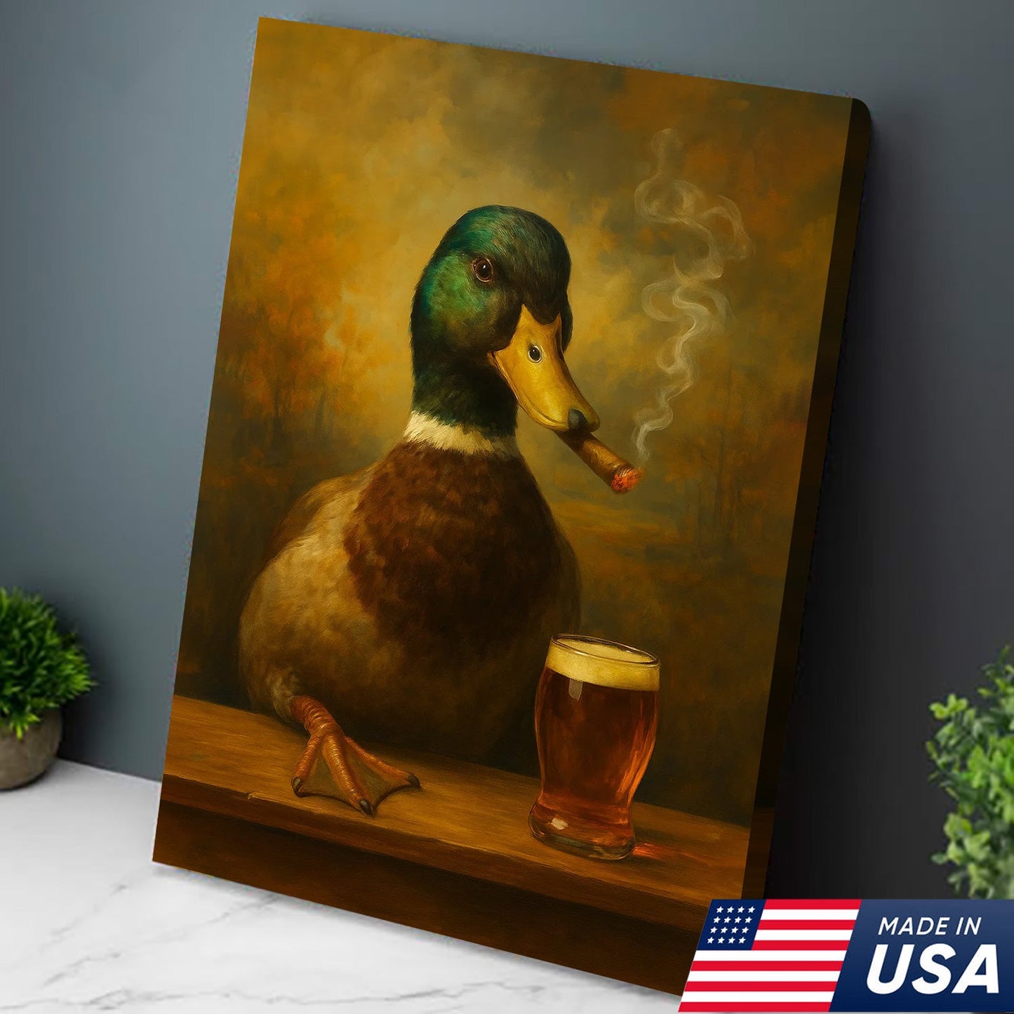 Funny Mallard Duck Smoking & Drinking Cocktail Glasses Canvas Wall Art - Rustic Hunting Perfect Gift for Hunters