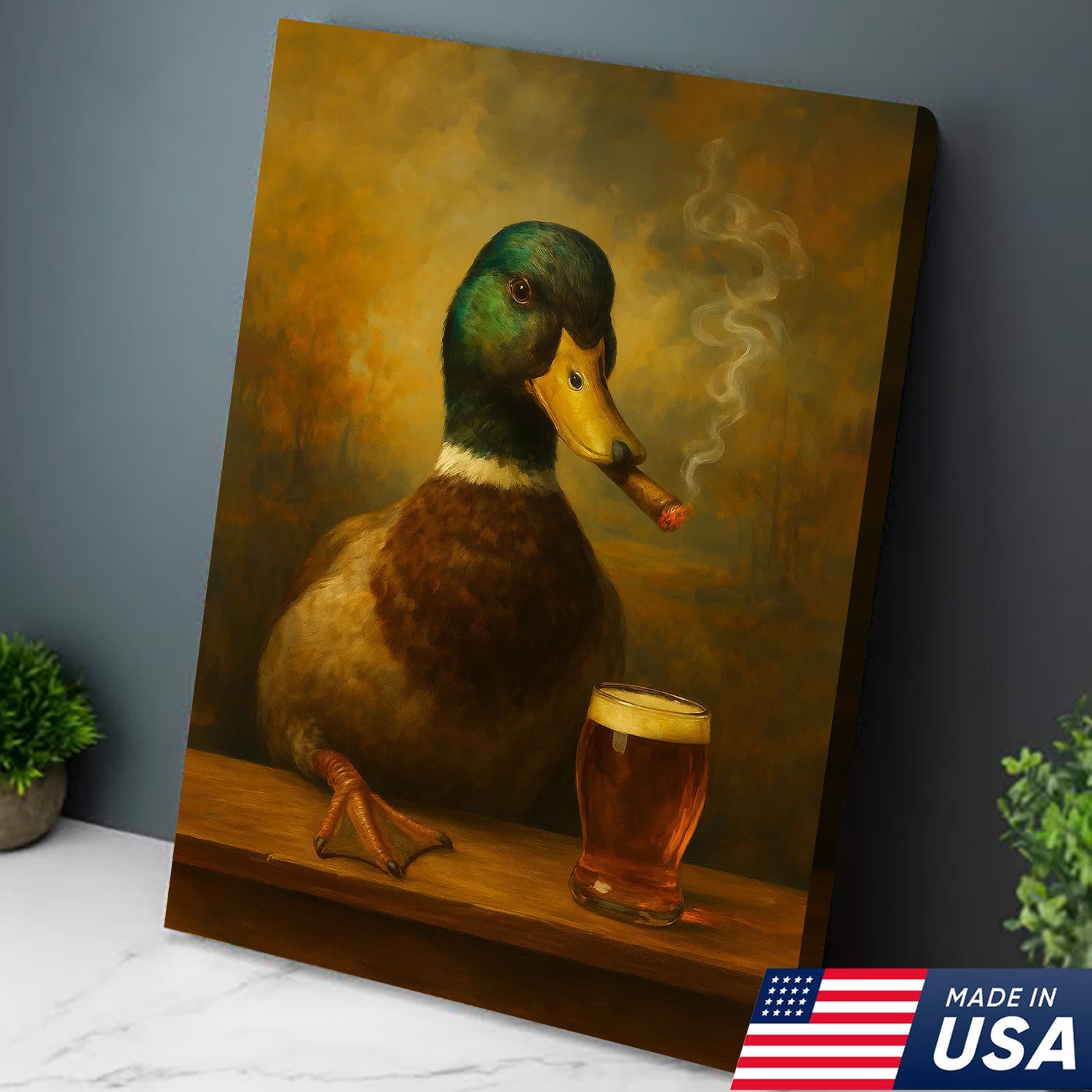 Funny Mallard Duck Smoking & Drinking Cocktail Glasses Canvas Wall Art - Rustic Hunting Perfect Gift for Hunters