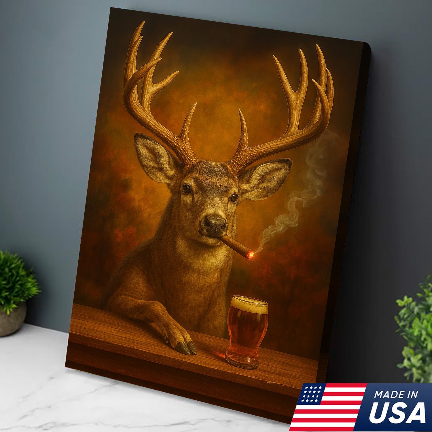 Muke Deer With Smoking & Cocktail Glasses Canvas – Funny Hunting Lodge Wall Art Perfect Gift for Hunters