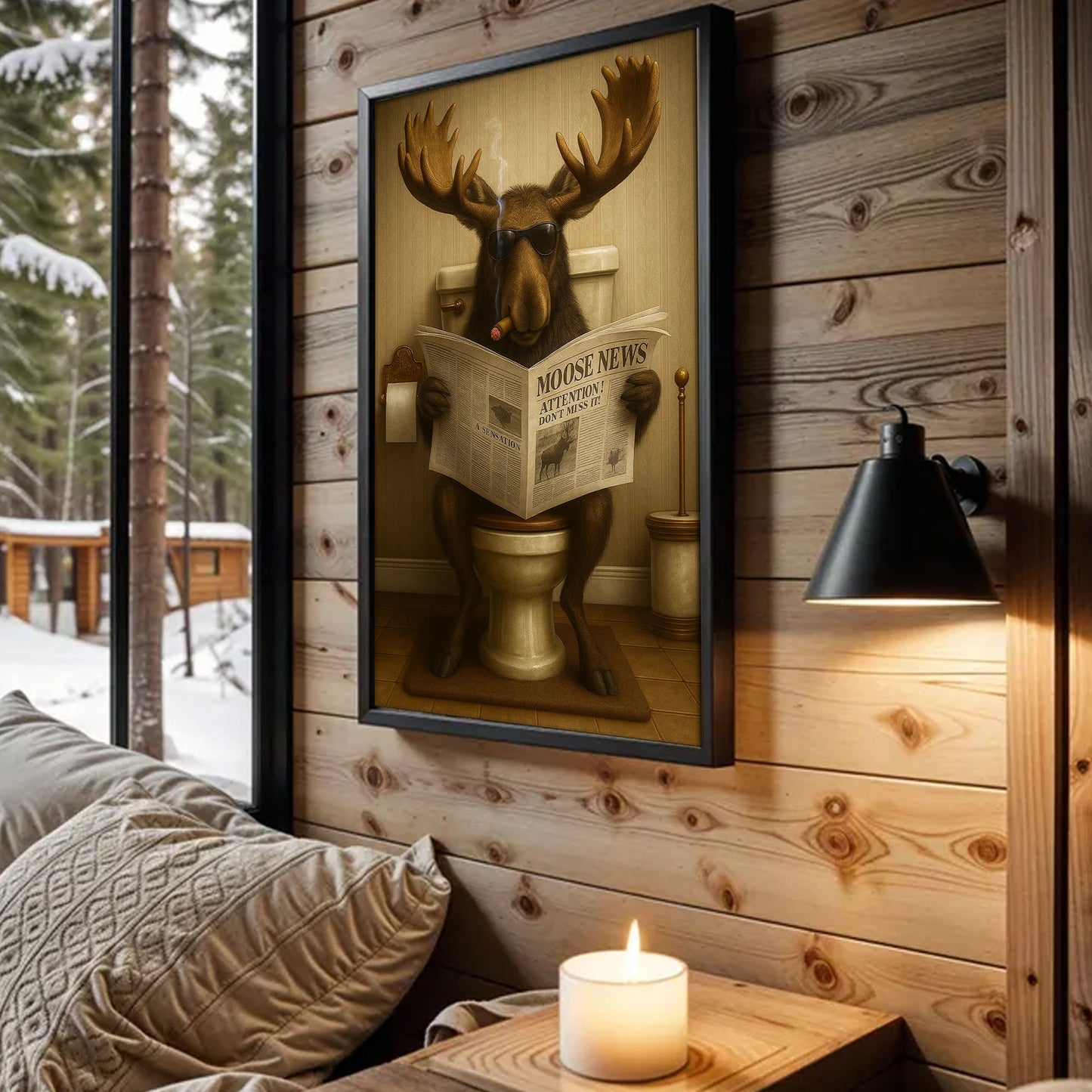 Funny Elk Hunting Lodge Moose Bathroom Canvas Wall Art – Wildlife Animal Poster - Unique Gift for Hunters
