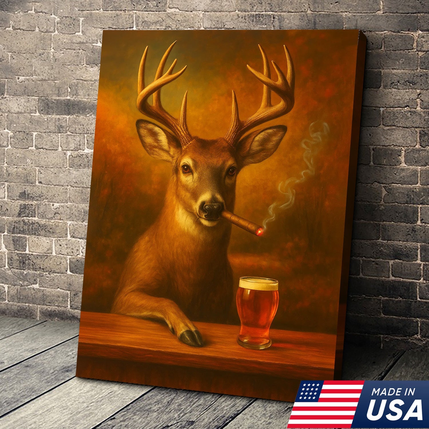 Funny White-Tailed Deer Smoking and Drinking Cocktail Glasses Canvas - Humorous Man Cave Wall Art For Hunters