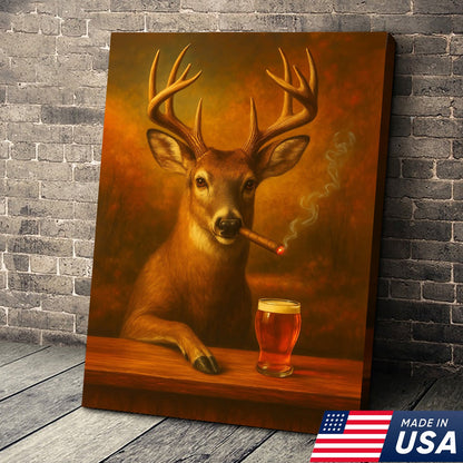 Funny White-Tailed Deer Smoking and Drinking Cocktail Glasses Canvas - Humorous Man Cave Wall Art For Hunters