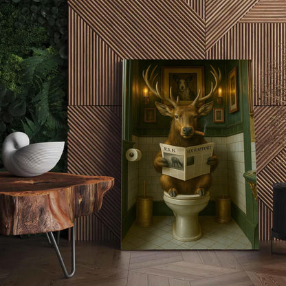 Funny Elk Bathroom Canvas – Smoking-Smoking Deer Reading Newspaper on Toilet