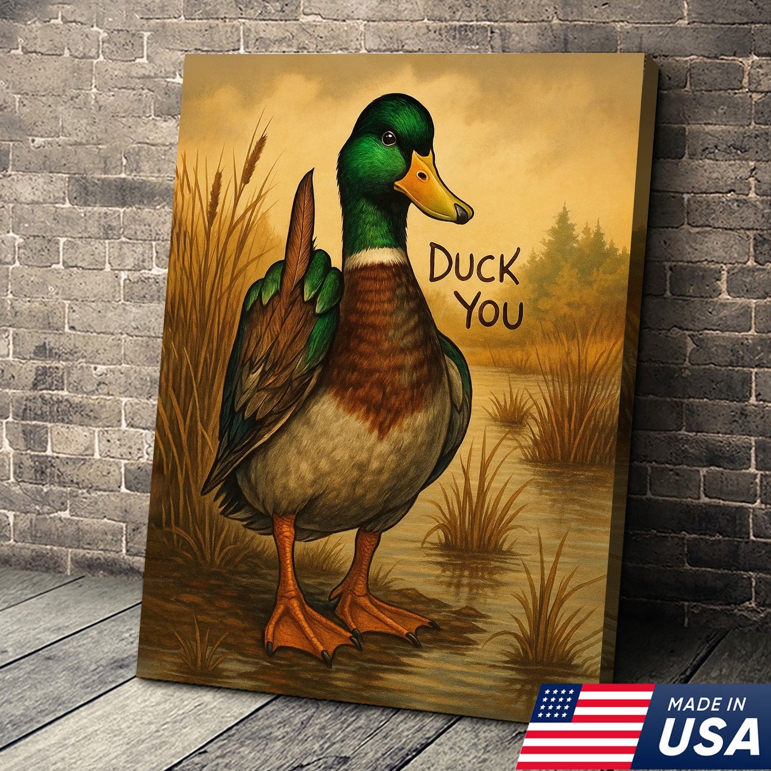 Funny Mallard Duck Canvas Wall Art – Cheeky Bathroom Decor, Rustic Lake House