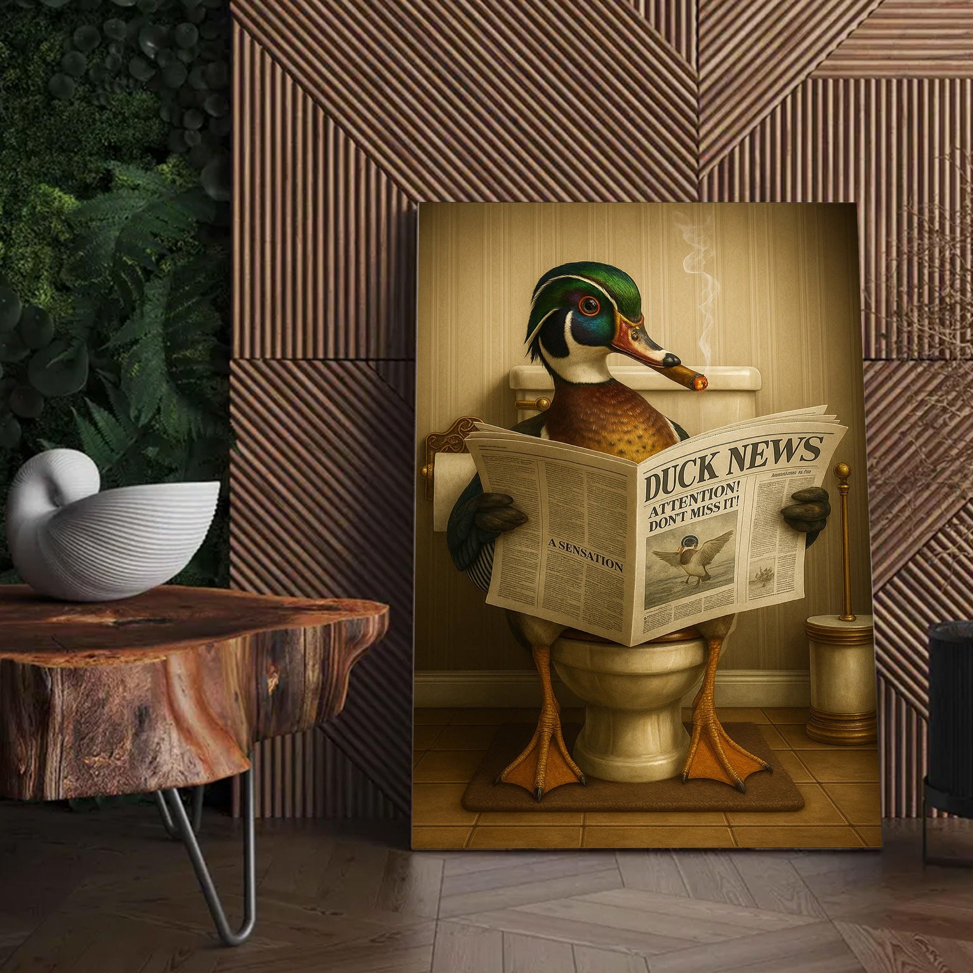 Funny Wood Duck Read Newspaper Bathroom Canvas – Hunting Wildlife Animal Canvas