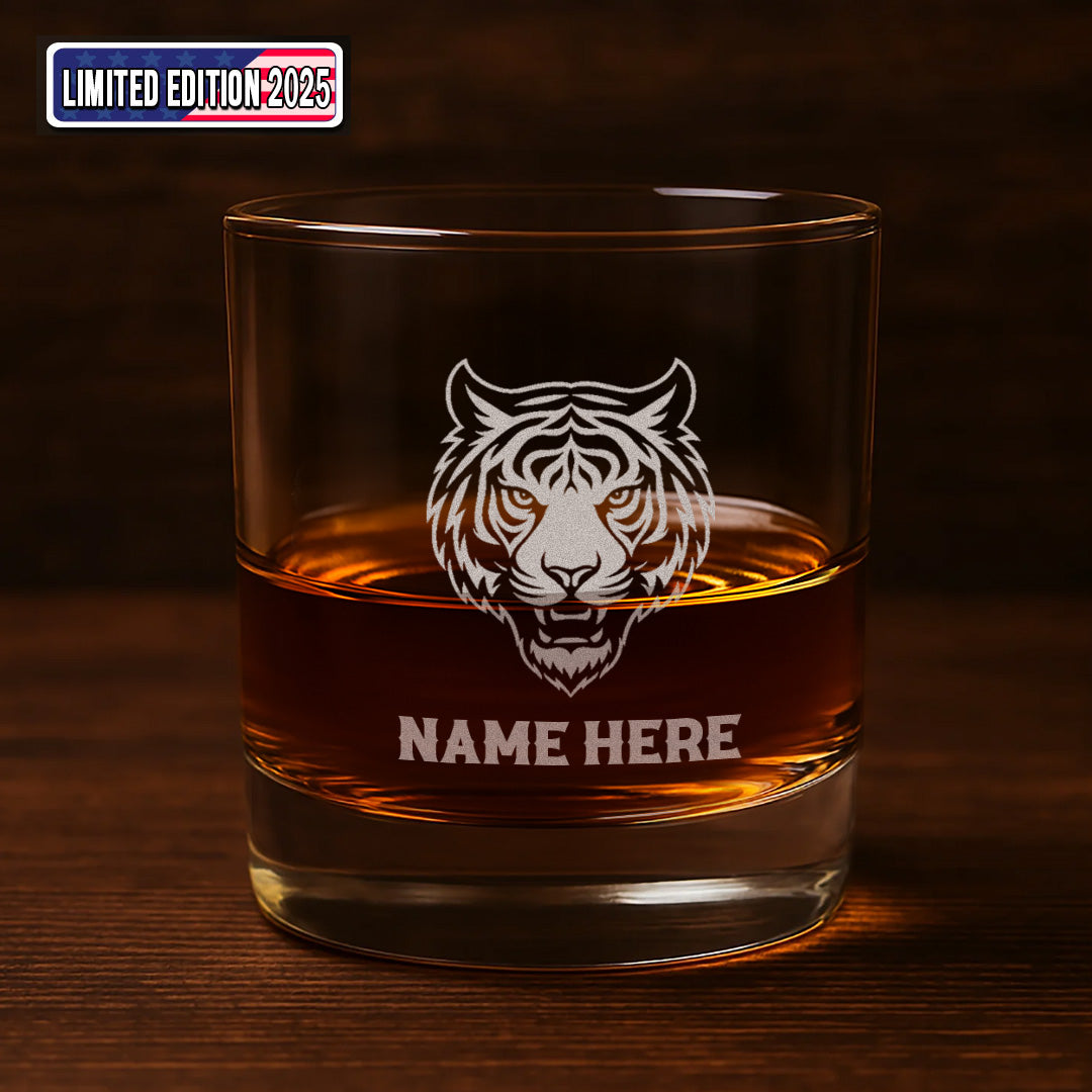 Personalized Tiger Engraved Whiskey Glass – Custom Name Rocks Glass Gift for Bold Drinking Lovers & Hunters