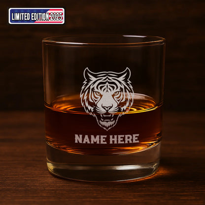 Personalized Tiger Engraved Whiskey Glass – Custom Name Rocks Glass Gift for Bold Drinking Lovers & Hunters