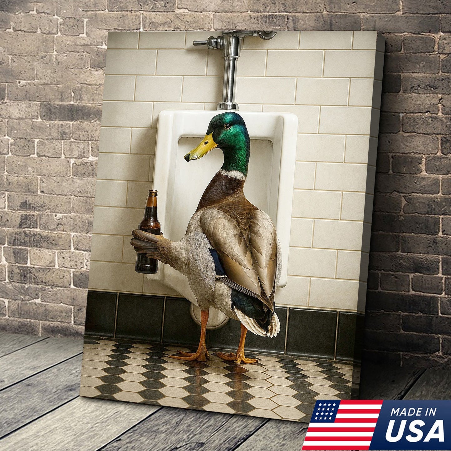 Funny Mallard Duck Holding Beer Bathroom Canvas – Duck at Urinal Wall Art, Rustic Cabin