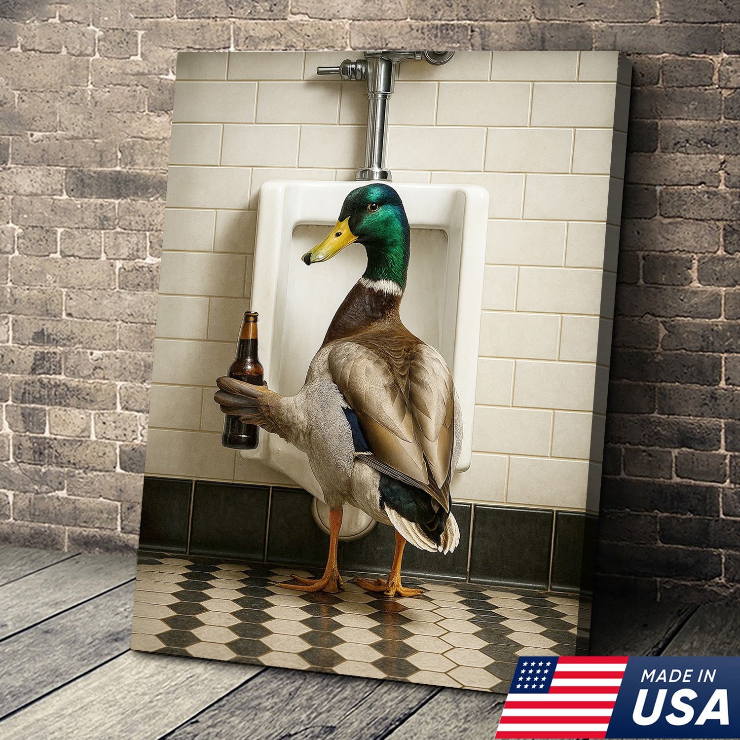 Funny Mallard Duck Holding Beer Bathroom Canvas – Duck at Urinal Wall Art, Rustic Cabin