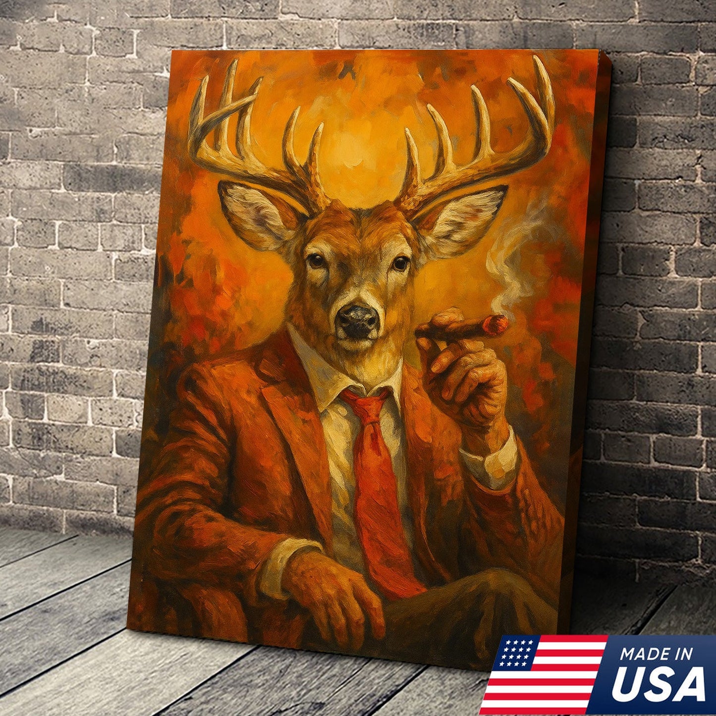Deer Smoking Canvas, Buck Wall Art Print in Suit for Man Cave, Rustic Hunting Cabin