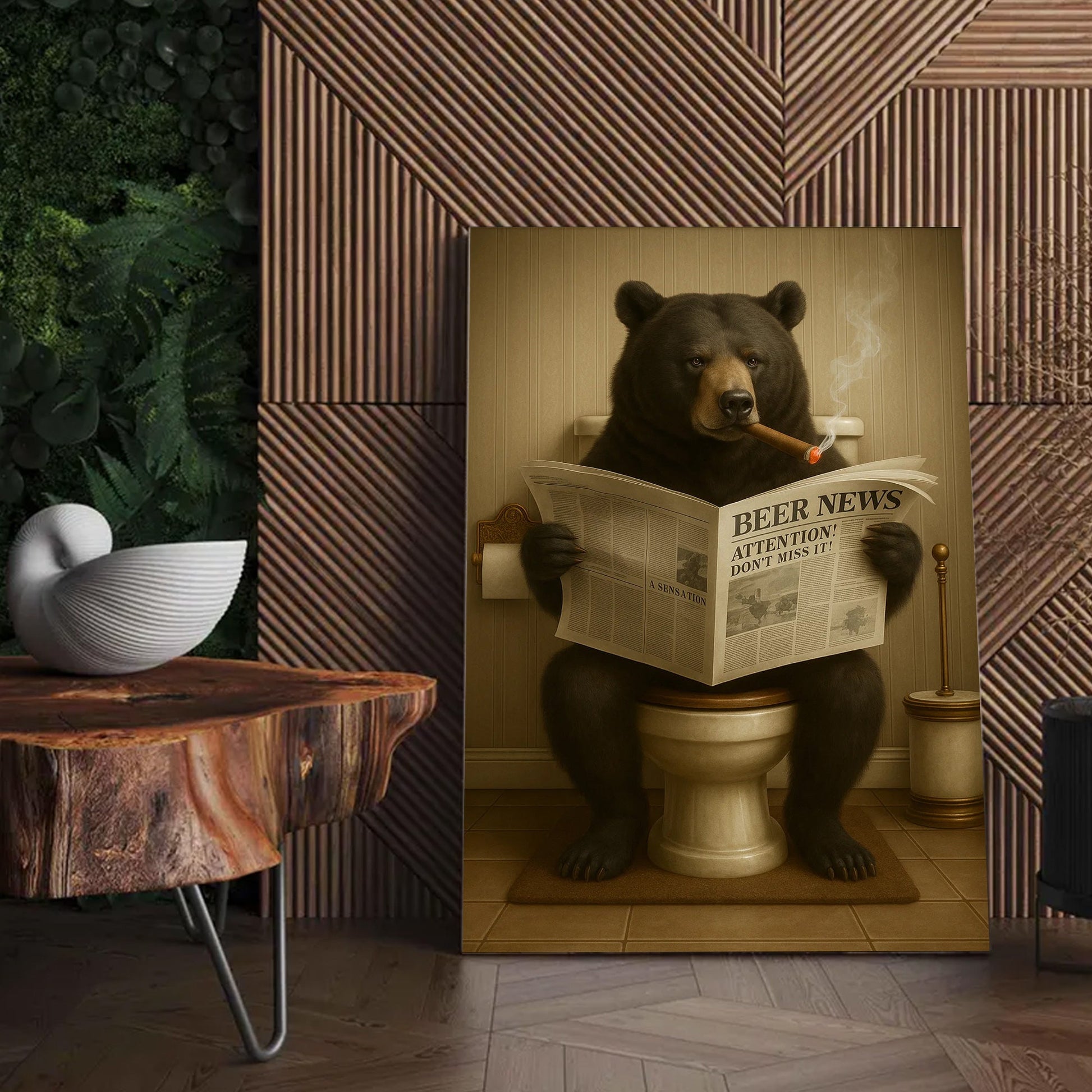 Funny Bear Newspaper Bathroom Canvas Wall Art – Wildlife Animal Poster - Unique Gift for Hunters
