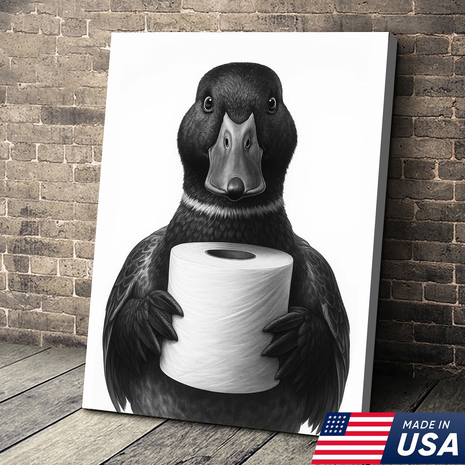 Mallard Duck Canvas Wall Art, Funny Animal Portrait Holding Toilet Paper, Bathroom Decor Print