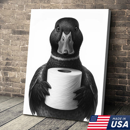 Mallard Duck Canvas Wall Art, Funny Animal Portrait Holding Toilet Paper, Bathroom Decor Print