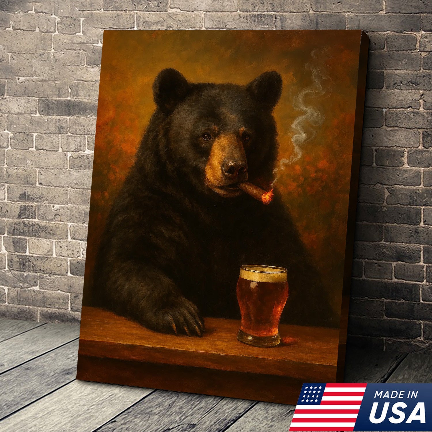 Funny Bear Drinking Cocktail Glasses & Smoking Canvas Wall Art - Rustic Bar