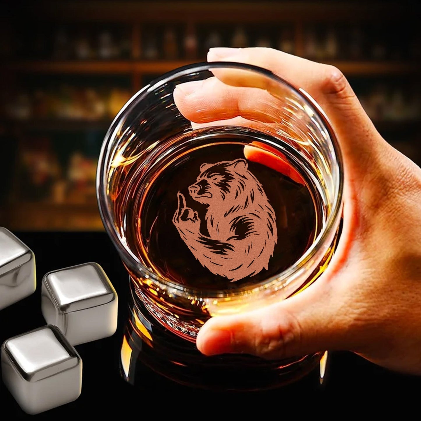 Bear Engraved Whiskey Glass – Funny Funny Finger Whiskey Glass for Men, Unique Barware Gift