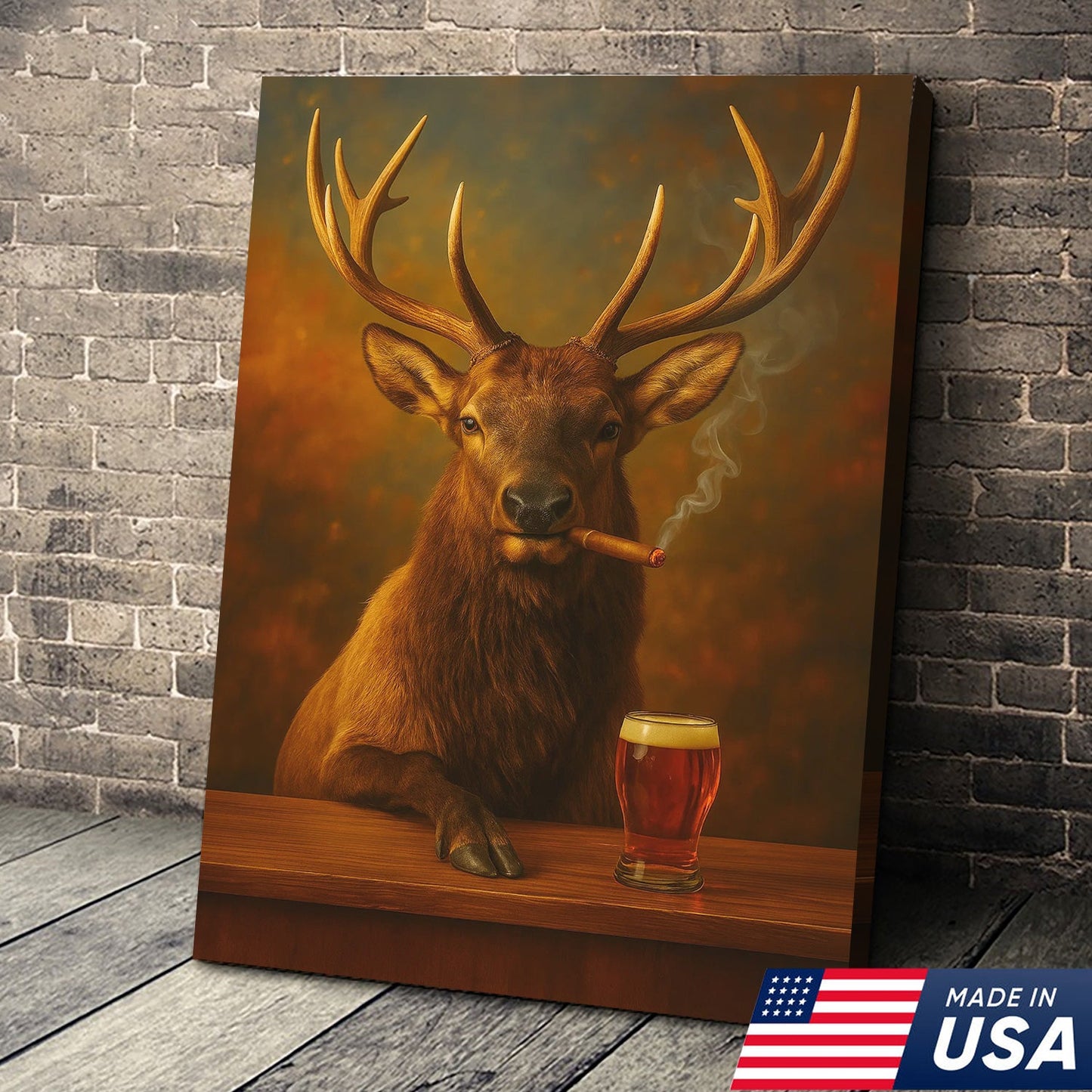 Funny Elk Drinking Cocktail Glasses & Smoking Canvas Wall Art - Rustic Hunting Perfect Gift for Hunters