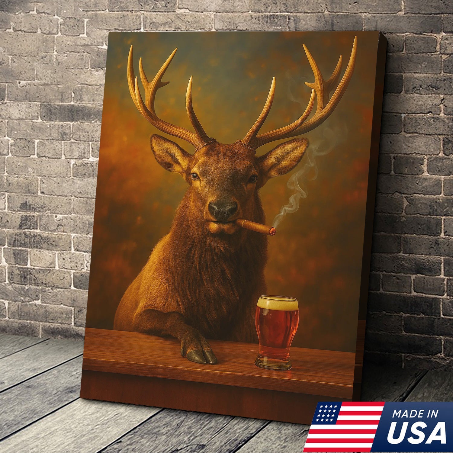 Funny Elk Drinking Cocktail Glasses & Smoking Canvas Wall Art - Rustic Hunting Perfect Gift for Hunters
