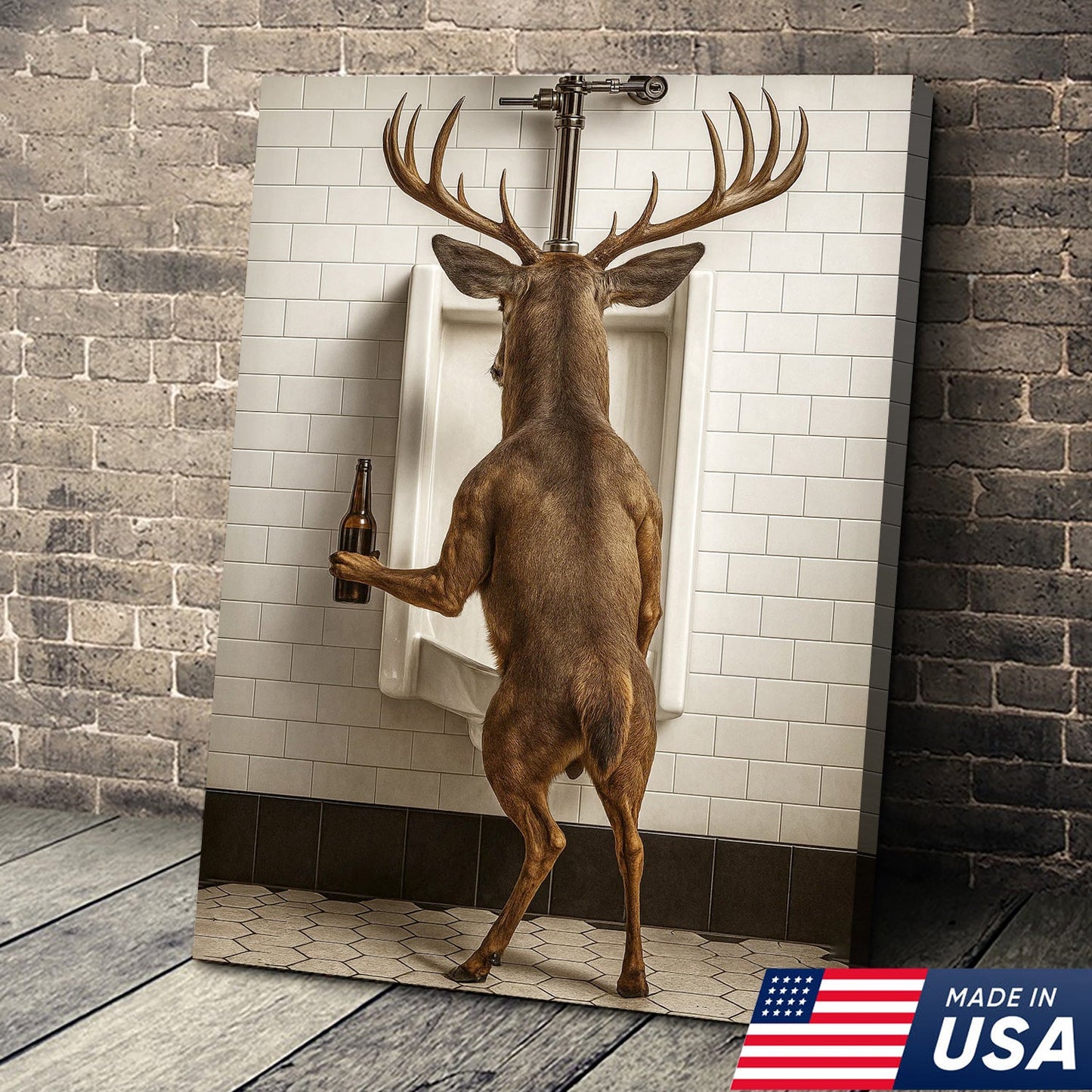 Deer Holding Beer and Standing at the Urinal Canvas – Hilarious Bathroom Wall Art
