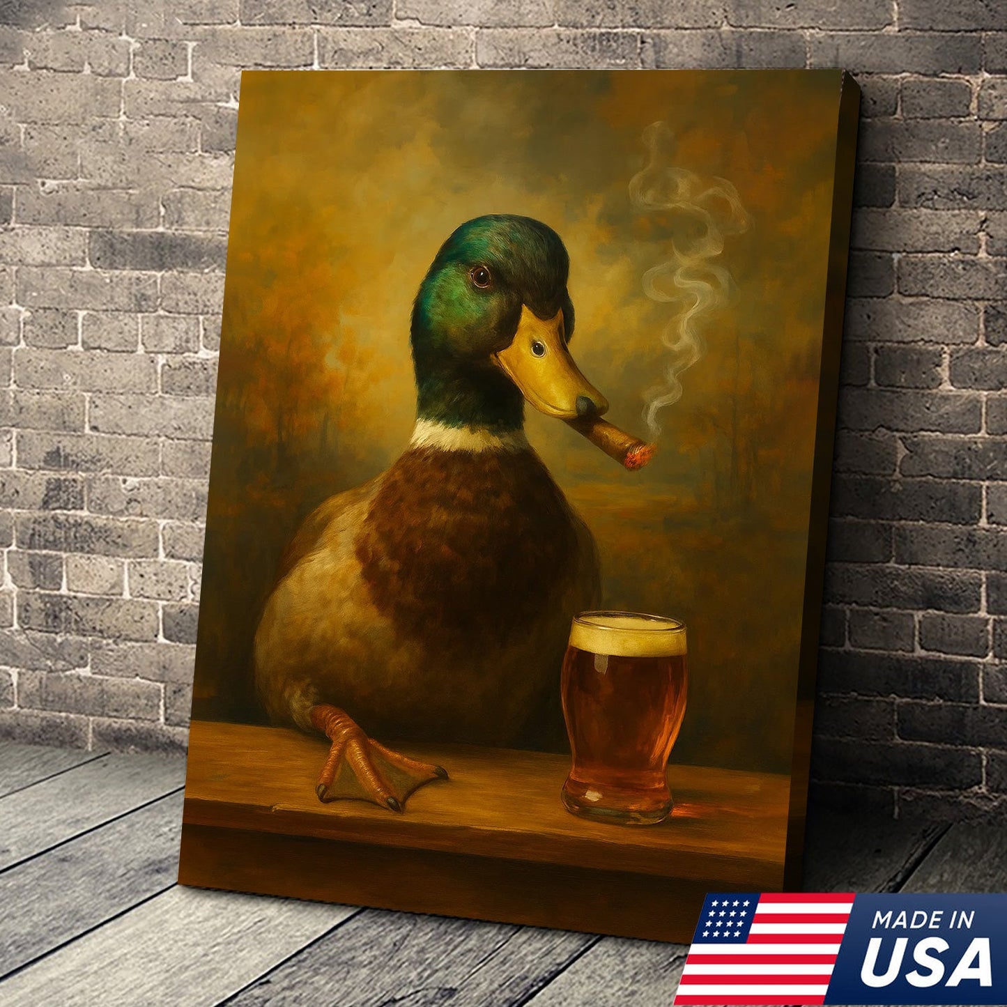 Funny Mallard Duck Smoking & Drinking Cocktail Glasses Canvas Wall Art - Rustic Hunting Perfect Gift for Hunters