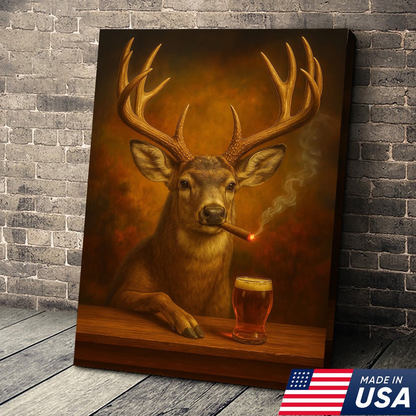 Muke Deer With Smoking & Cocktail Glasses Canvas – Funny Hunting Lodge Wall Art Perfect Gift for Hunters