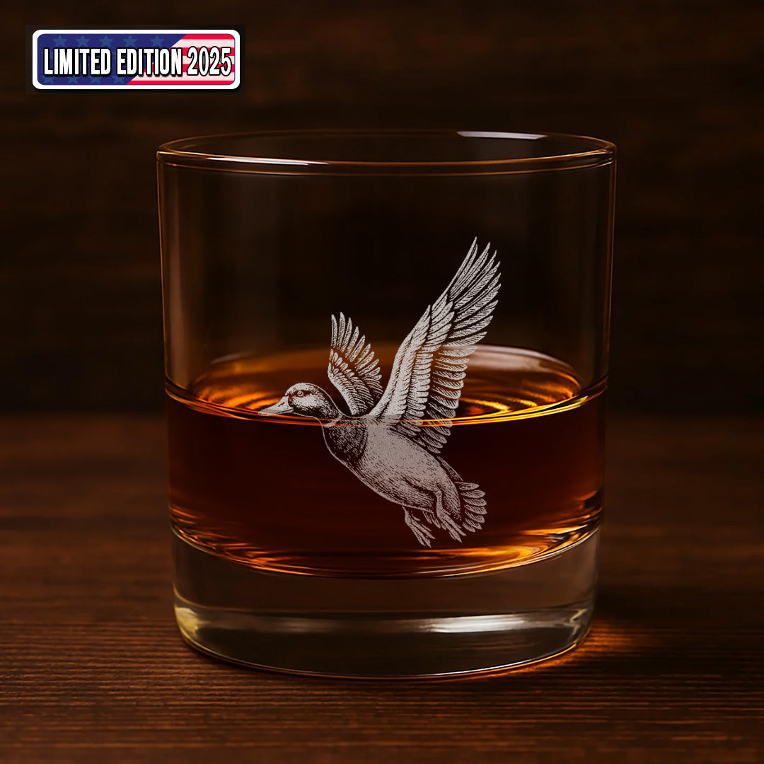 Duck Hunting Whiskey Glass – Custom Engraved Flying Duck Whiskey Glass Gift for Waterfowl Hunters 2025
