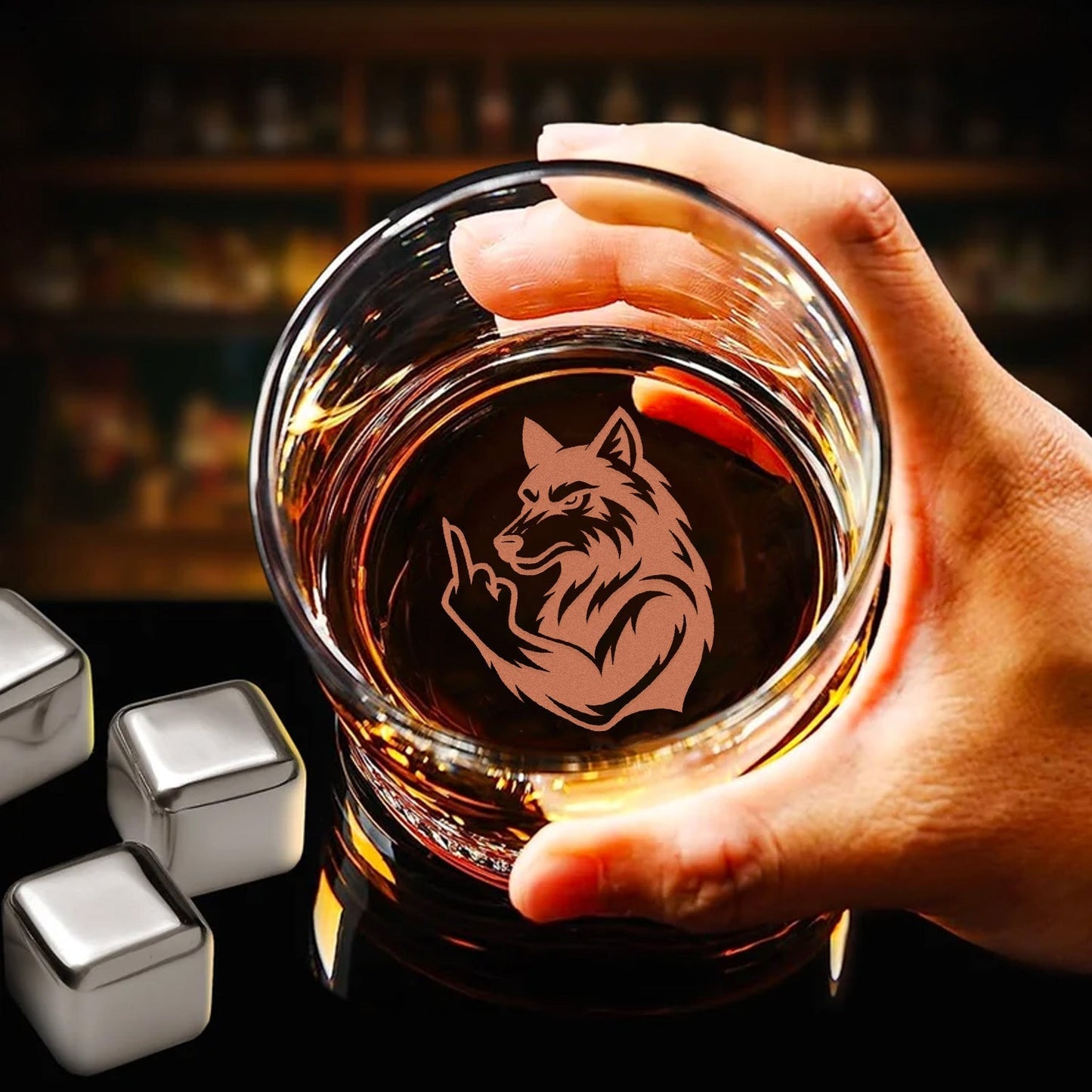 Savage Wolf Engraved Whiskey Glass – Funny Funny Finger Whiskey Glass for Badass Men & Hunters