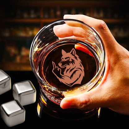 Savage Wolf Engraved Whiskey Glass – Funny Funny Finger Whiskey Glass for Badass Men & Hunters