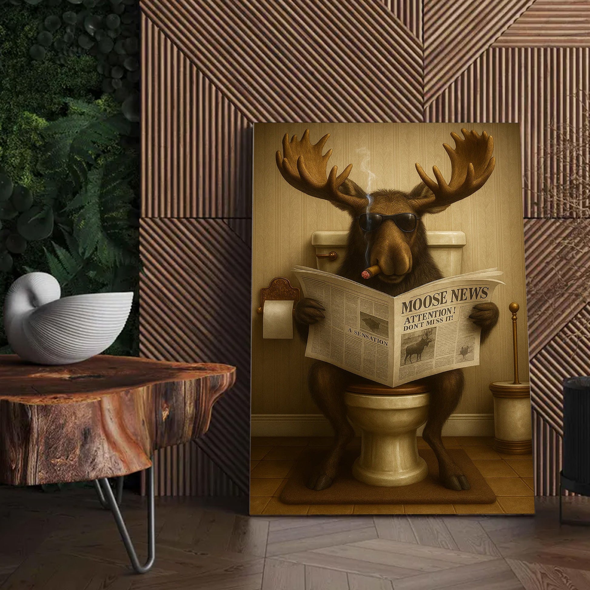 Funny Elk Hunting Lodge Moose Bathroom Canvas Wall Art – Wildlife Animal Poster - Unique Gift for Hunters