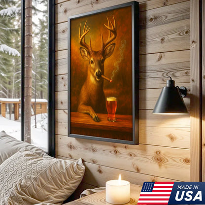 Funny White-Tailed Deer Smoking and Drinking Cocktail Glasses Canvas - Humorous Man Cave Wall Art For Hunters