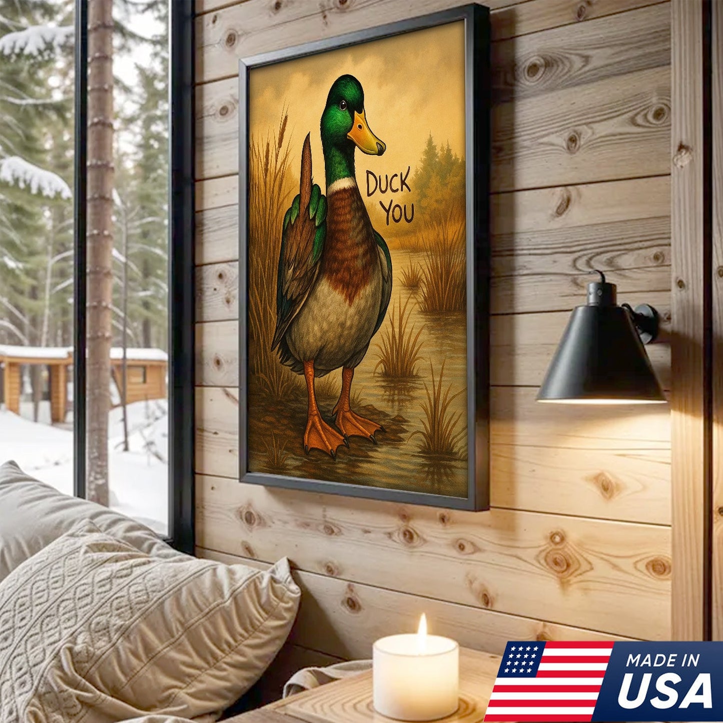 Funny Mallard Duck Canvas Wall Art – Cheeky Bathroom Decor, Rustic Lake House